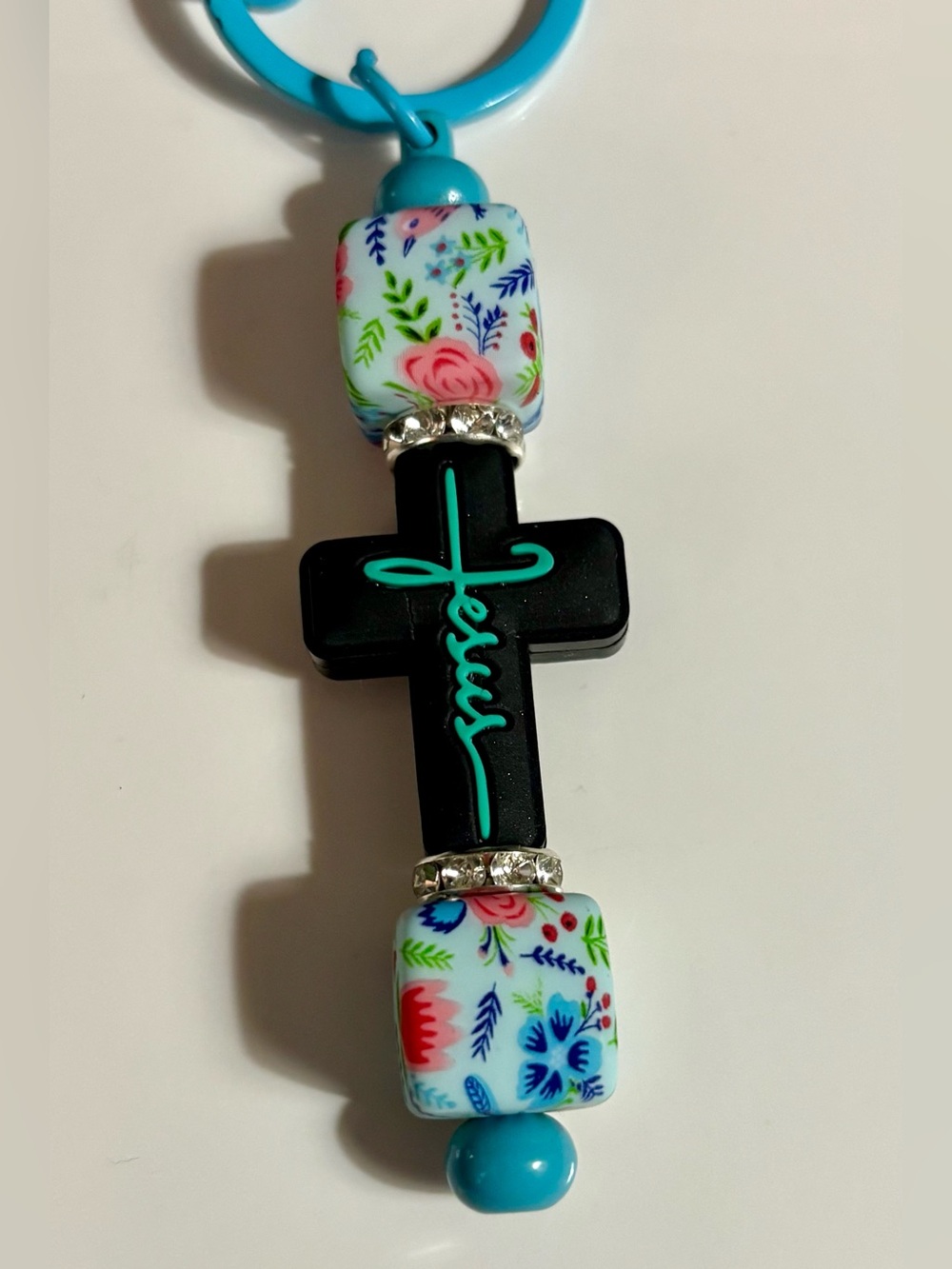 NIP Turquoise-Accented Black Cross Keychain with Floral Beads
